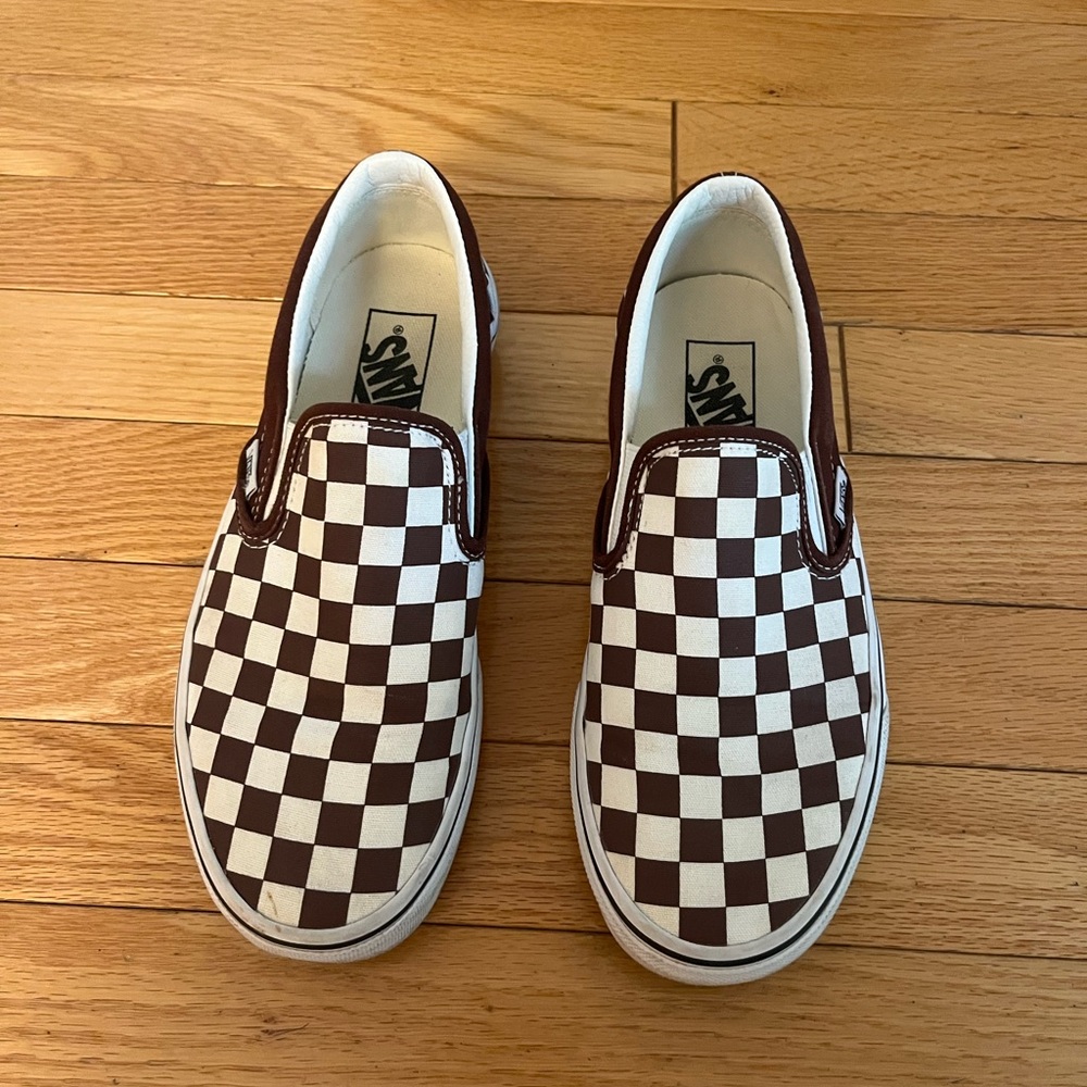 Vans Brown and White Checkerboard Slip-Ons